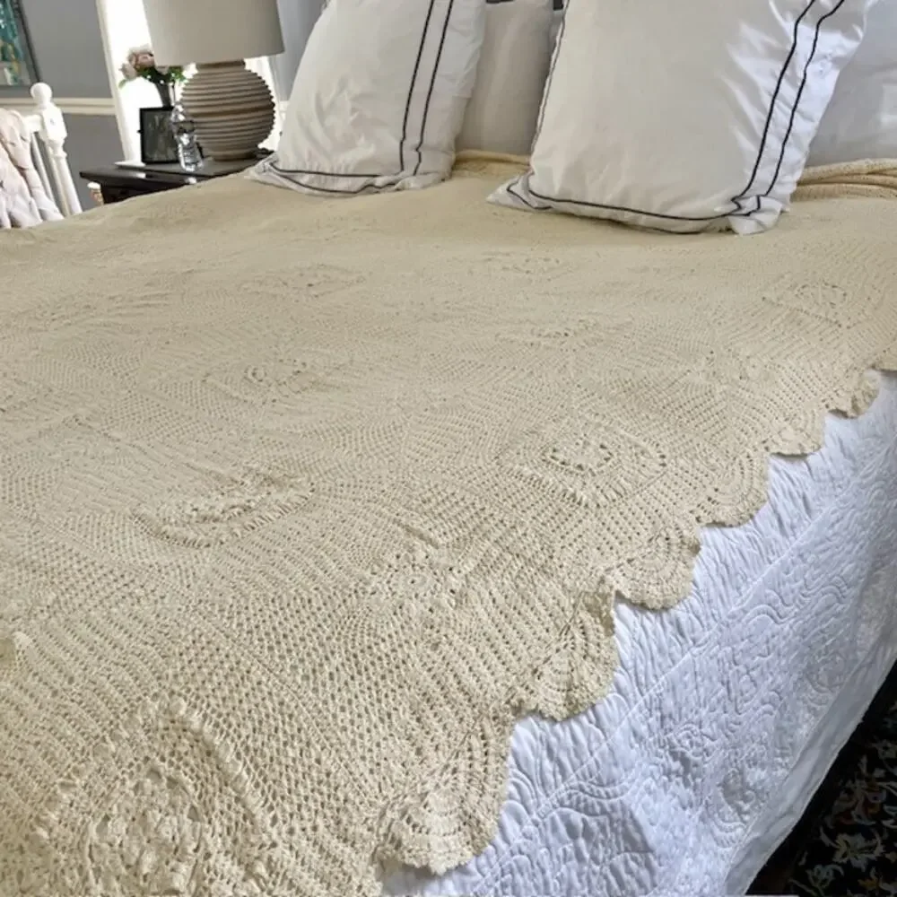 Crochet Style Cotton Granny Square Bedspread 83x83 Ivory Textured Cottagecore